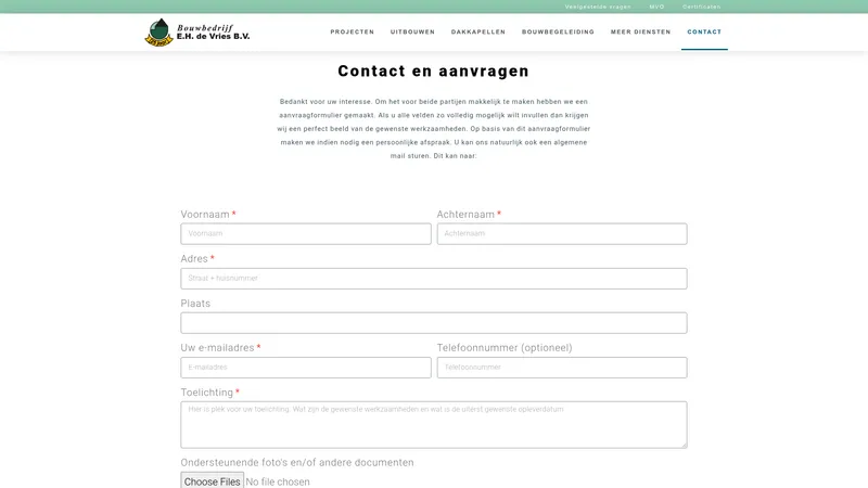Website van Bouwbedrijf EH de Vries